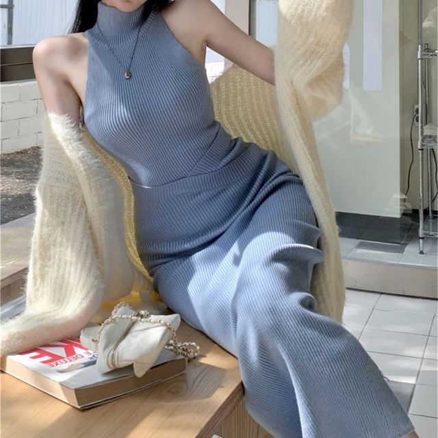YUNBO - Halter Mock Neck Plain Criss Cross Ribbed Knit Midi Sheath Dress |  YesStyle