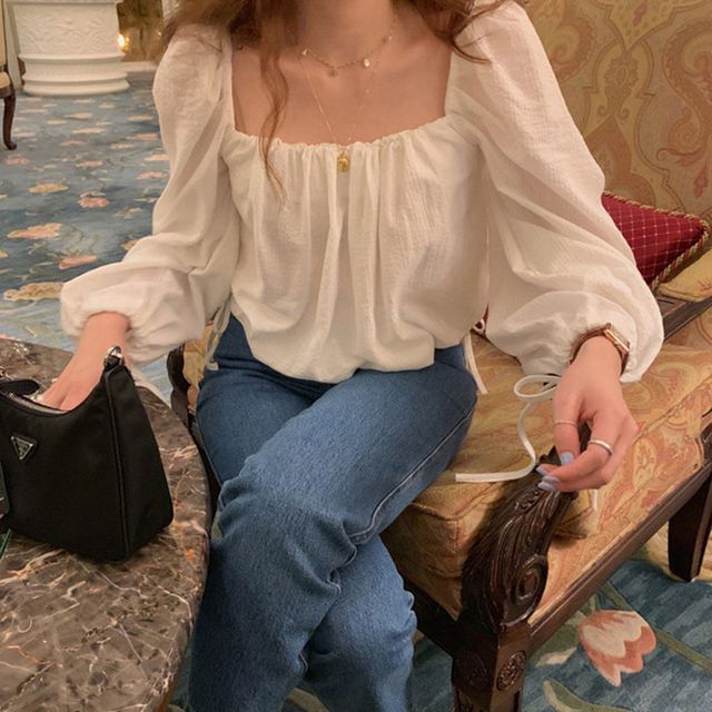 Everose-Puff-Sleeve Square Neck Plain Blouse
