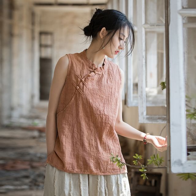 Lewwe-Stand Collar Tie Dye Frog Buttoned Ramie Tank Top