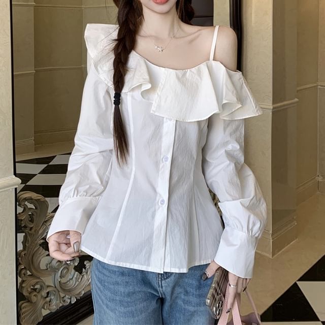 Trendycas-Cold-Shoulder Long-Sleeve Plain Button-Up Blouse