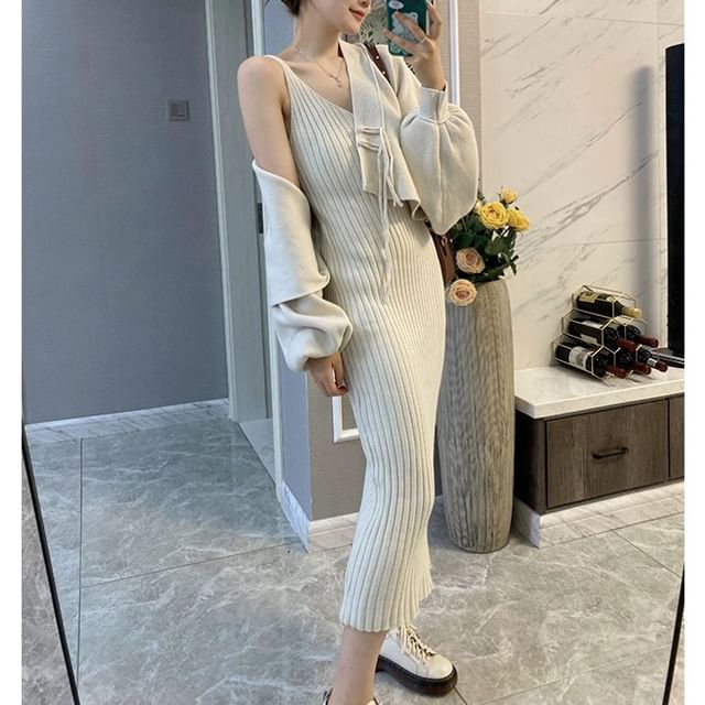 CosmoCorner - Set: Spaghetti Strap V-Neck Plain Ribbed Midi Knit Dress +  V-Neck Cardigan | YesStyle