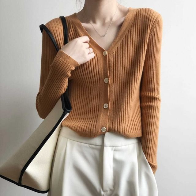 Sisyphi-V-Neck Plain Ribbed Cardigan