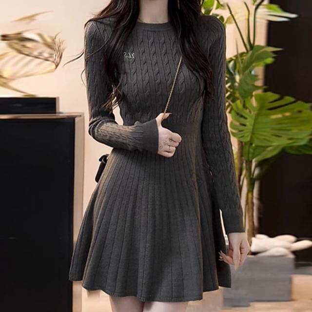 Shinsei - Long Sleeve Crew Neck Plain Cable Knit Mini A-Line Sweater Dress  | YesStyle