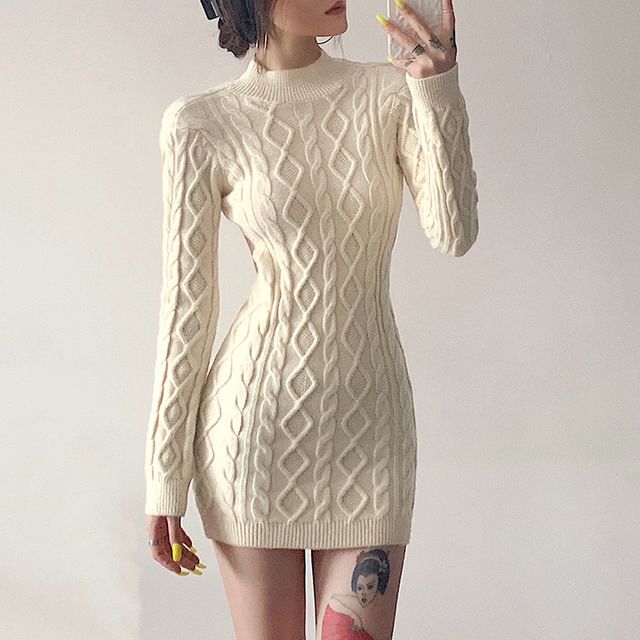 ARAYDE - Long-Sleeve Mock Neck Plain Cutout Back Cable Knit Mini Sheath Sweater  Dress | YesStyle