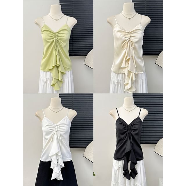 Lemongrass-Asymmetrical Ruffled Drawstring Crop Top in 5 Colors