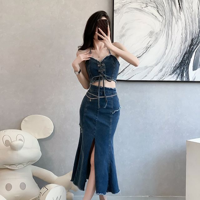 Denim Skirt Crop Top High Rise Skirt Hot Girl Denim Skirt Korean