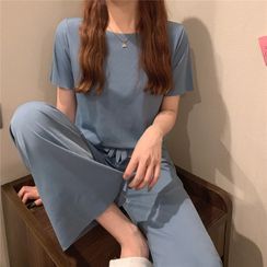 TriStyle - Pajama Set: Short-Sleeve Plain T-Shirt + Wide Leg Pants