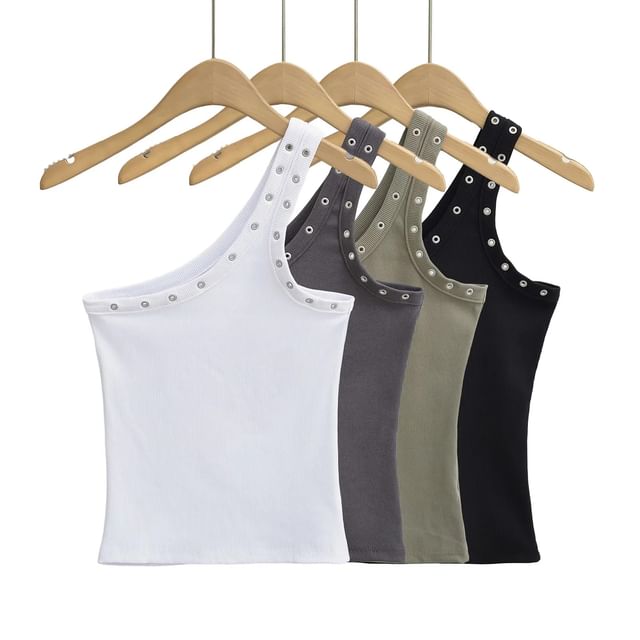 Asiris-One Shoulder Studded Plain Slim-Fit Crop Tank Top
