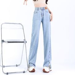 Washed High-Waist Straight-Cut Loose Jeans