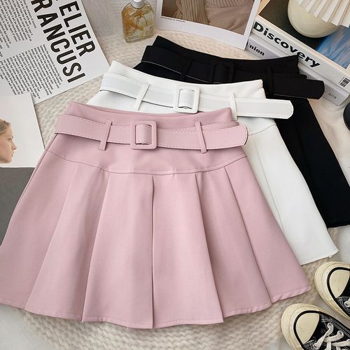 DIYI High Waist Plain Belted Mini Pleated Skirt YesStyle