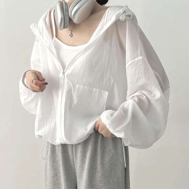 Lewwe-Hooded Zip-Up Plain Light Jacket