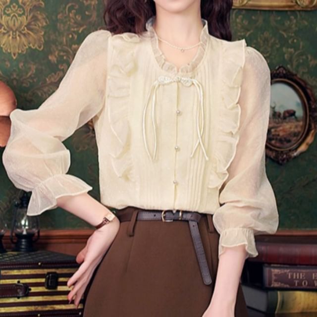 Dragan Pulse-Long Sleeve Round Neck Plain Ruffle Frog Closure Blouse