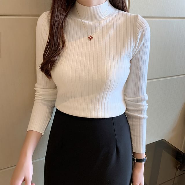 MIKIGA-Mock Neck Plain Ribbed Sweater