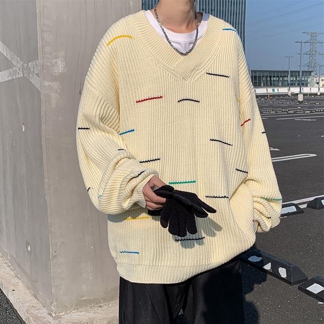Whyessa-V-Neck Striped Ribbed Oversized Sweater
