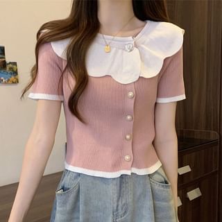 Sisyphi-Short-Sleeve Collared Button-Up Knit Top