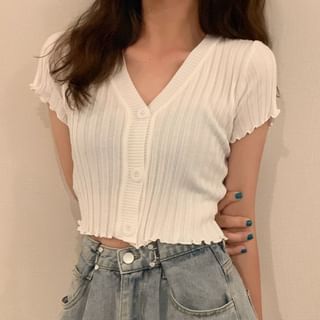 Sisyphi-Short-Sleeve V-Neck Button-Up Plain Knit Top