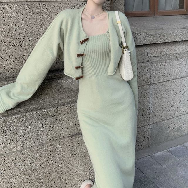 knee length dresses for ladies Foteini Knit Midi Dress & Cardigan Set – Brown Chic M