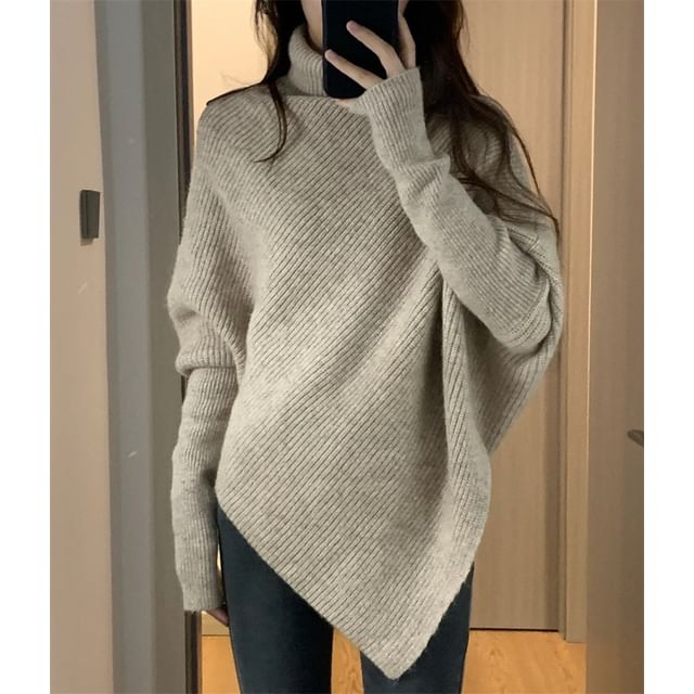 Bolgivy-Langärmliger schlichter unregelmäßiger Rollkragenpullover