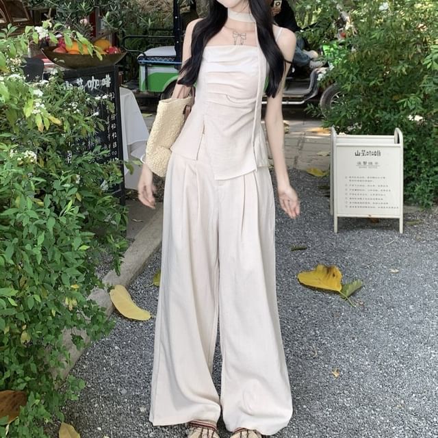 KUMI-Plain Ruched Slit Cami Top High Waist Culottes