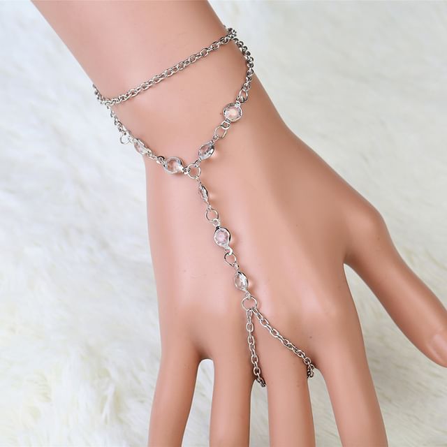 Bolgivy-Rhinestone Chained Ring Bracelet