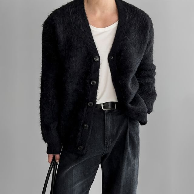mopagrati-V-Neck Fluffy Button-Up Plain Cardigan