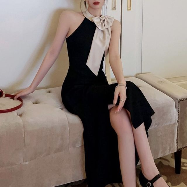 Yako - Halter-Neck Color Block Bow Accent Side-Slit Maxi Dress | YesStyle Yako - Halter-Neck Color Block Bow Accent Side-Slit Maxi Dress | YesStyle