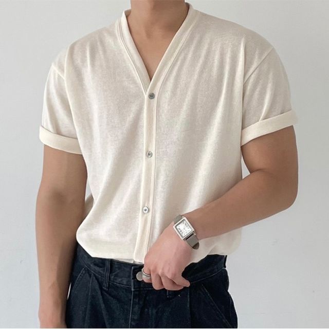 Okwano-Short-Sleeve V-Neck Plain Button Front Knit Top
