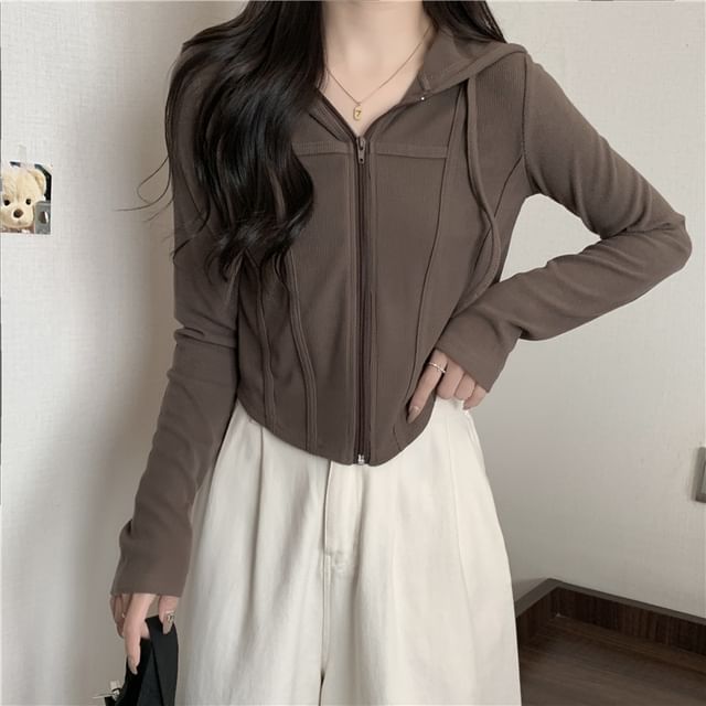 Racoon-Plain Zip-Up Crop Hoodie
