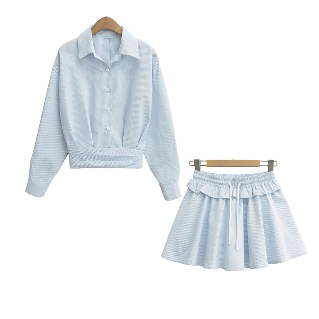 Ulark-Long Sleeve Collared Striped Shirt Drawstring Waist Ruffle Mini A-Line Skirt