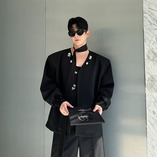 ravewider-V-Neck Button-Up Plain Jacket