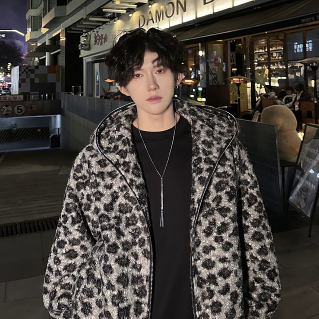 Freehop-Leopard Patterned Hood Fleece Zip Jacket
