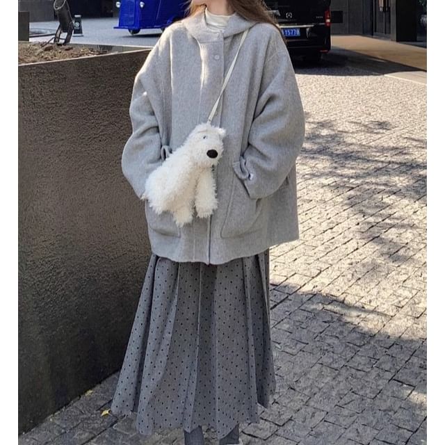 Trendycas-Plain Hooded Button-Up Jacket High Waist Dotted Pleated Midi A-Line Skirt