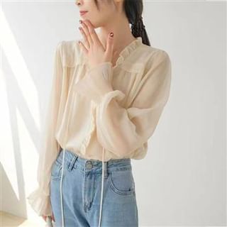 Everose-Long-Sleeve V-Neck Plain Frill Trim Blouse
