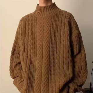 DuckleBeam-Turtleneck Long Sleeve Plain Cable Knit Sweater