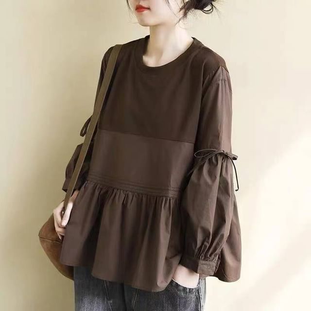 Lewwe-Long Sleeve Crew Neck Ruffle Hem Blouse