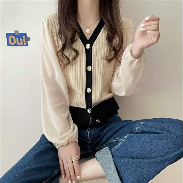 Magimomo-V-Neck Contrast Trim Ribbed Cardigan