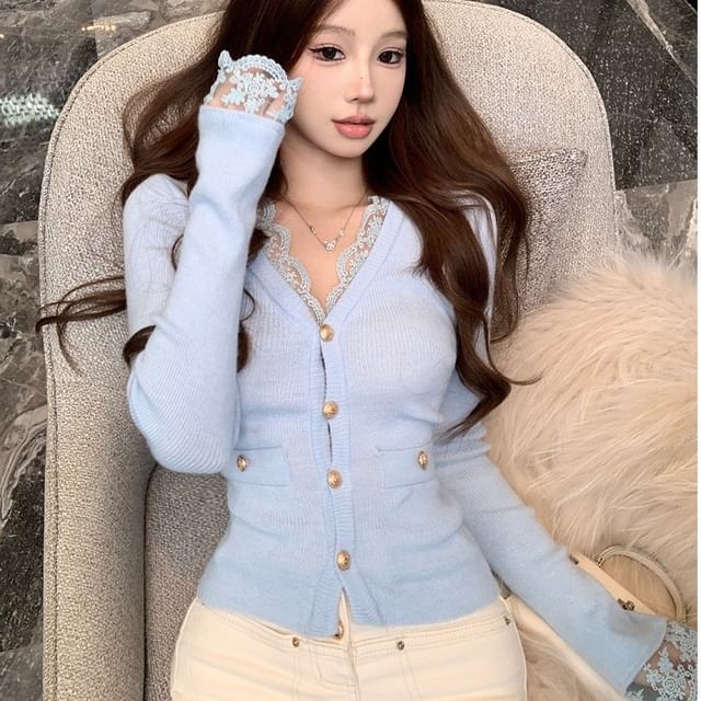 Whoosh-V-Neck Plain Panel Lace Cardigan