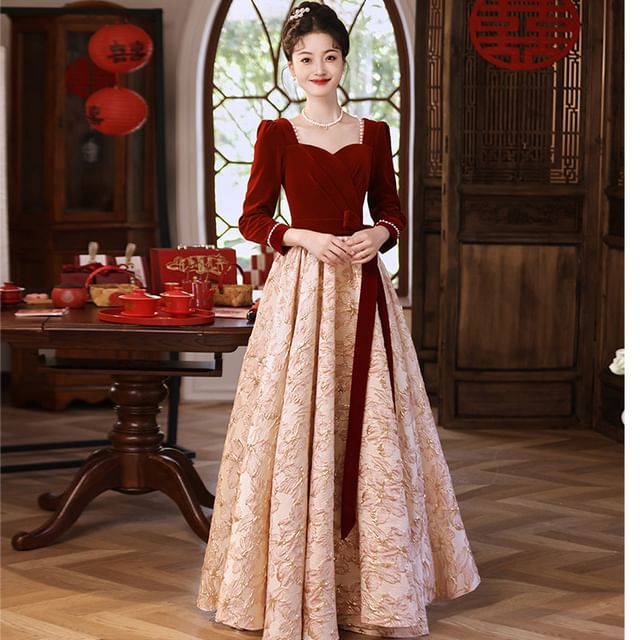 MSSBridal - Long-Sleeve Square Neck Velvet Panel Jacquard A-Line Evening Gown / Cocktail Dress | YesStyle MSSBridal - Long-Sleeve Square Neck Velvet Panel Jacquard A-Line Evening Gown / Cocktail Dress | YesStyle