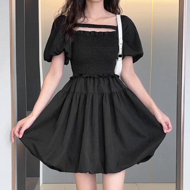 Woohan-Puff-Sleeve Square Neck Plain Mini A-Line Dress