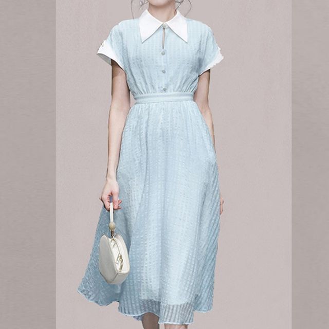 Kevina - Short-Sleeve Collared Chiffon Midi A-Line Dress | YesStyle