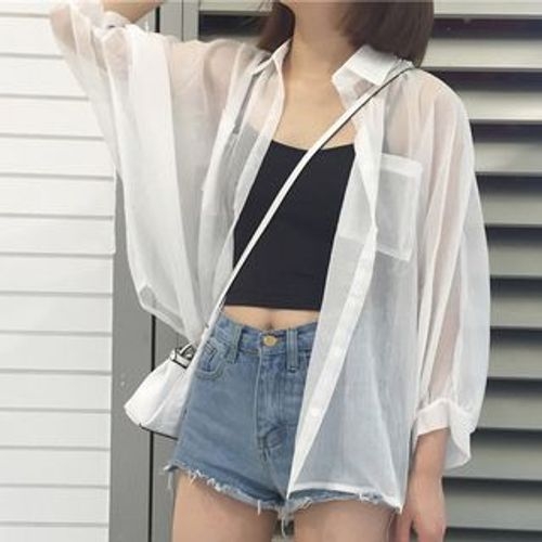 Long-Sleeve Collar Oversized Sheer Shirt