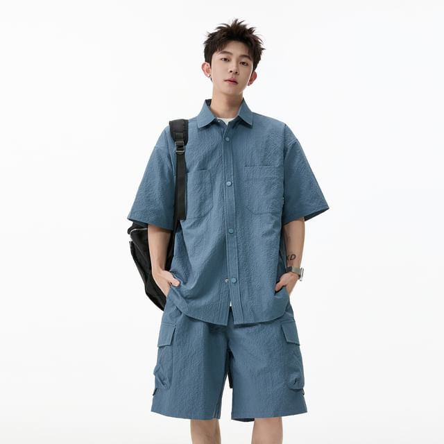 Koiyua-Set Elbow-Sleeve Button-Up Plain Shirt Drawstring Waist Wide Leg Cargo Shorts