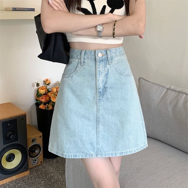 Everose-High Waist Denim Mini A-Line Skirt