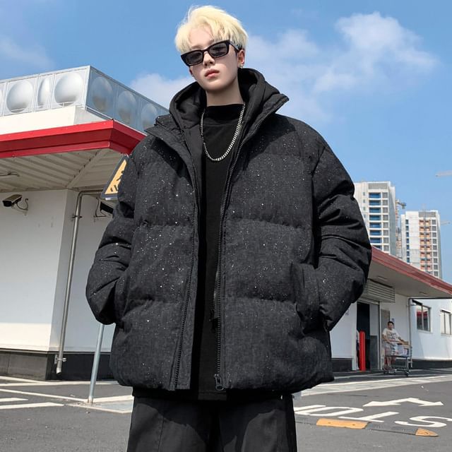 Bay Go Mall-Mock Two-Piece Glitter Hooded Padded Zip Jacket