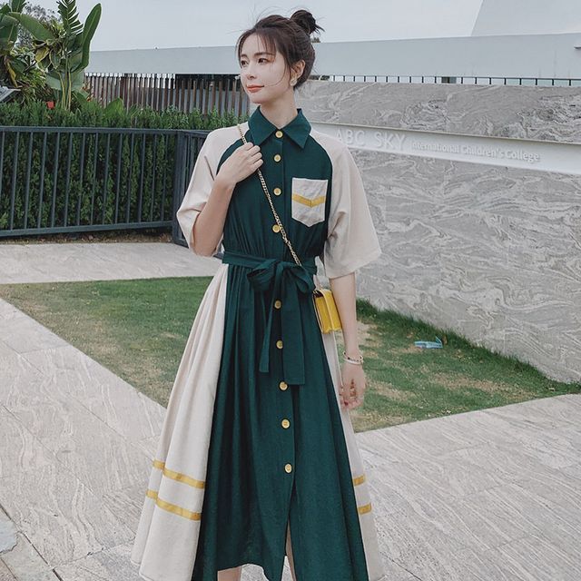 Short-Sleeve Color Block Midi Shirt Dress Short-Sleeve Color Block Midi Shirt Dress