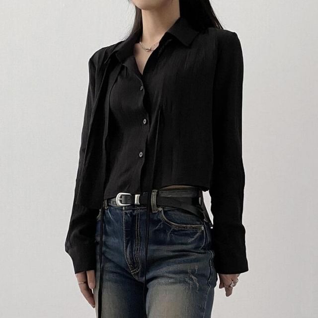 Jesong-Mock Two-Piece Long-Sleeve Plain Shirt