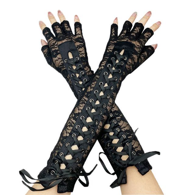 Kinoxslone-Lace Up Lace Fingerless Gloves