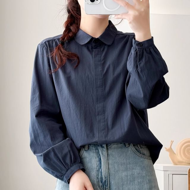 PANDAGO-Long Sleeve Collared Plain Shirt