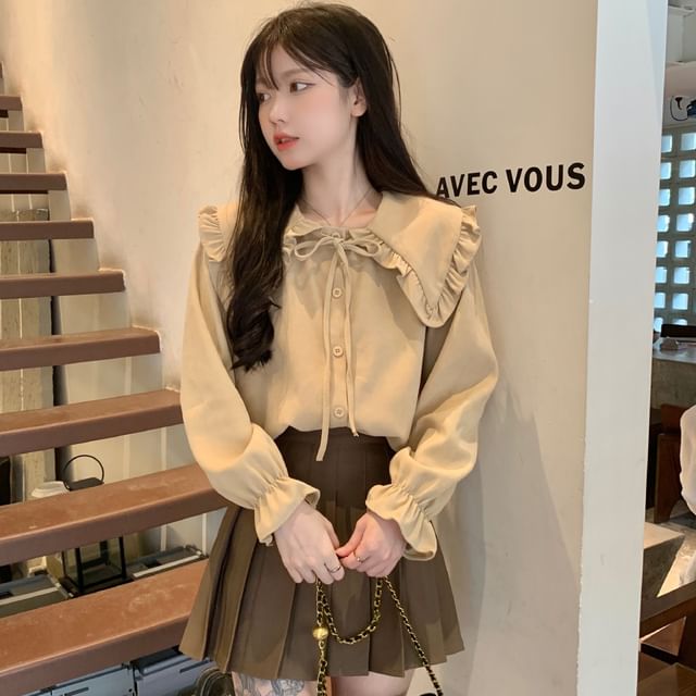 Sienne-Long-Sleeve Frill Trim Plain Shirt