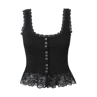 Faiar-Square Neck Lace Panel Button Tank Top
